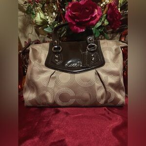 Coach Beige & Brown Signature Satchel with Patent Trim